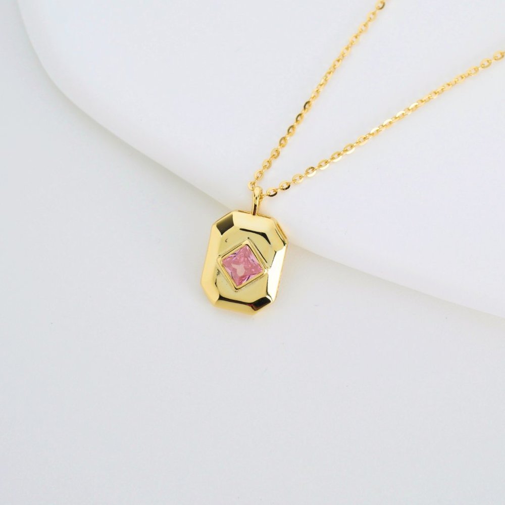 Georgina Square Pink Crystal  Pendant 18K Gold Necklace S925